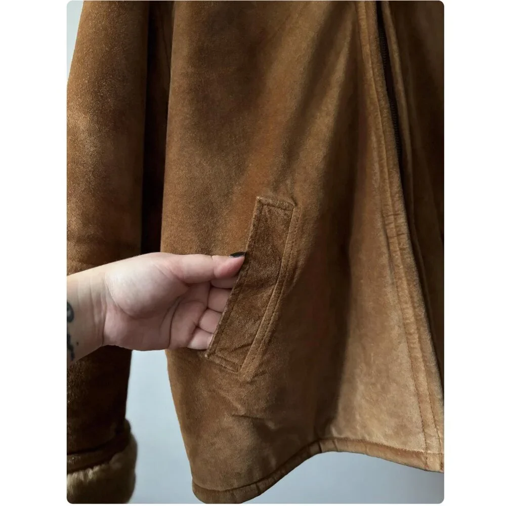 1990s Suede & Faux Fur Bomber Coat | Vintage Tan Aviator Jacket - Picture 4 of 8